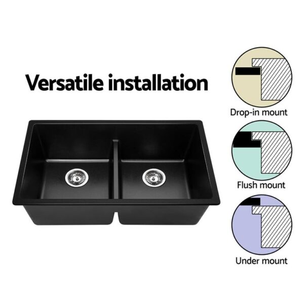 Cefito Stone Granite Kitchen Sink Double Bowl Top Undermount 790x460mm Black