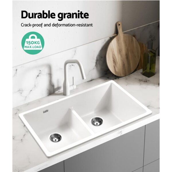 Cefito Kitchen Sink Granite Stone Laundry Top or Undermount Double White 790x460mm