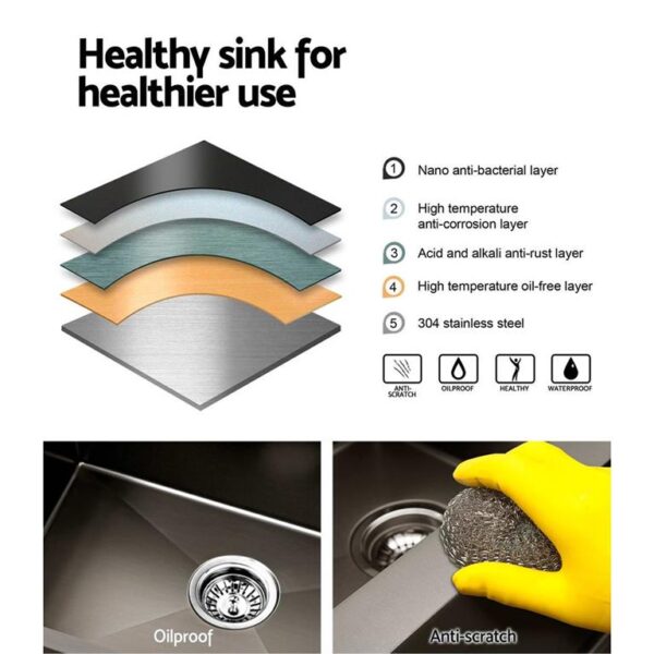 Cefito Kitchen Sink Nano Stainless Steel Single Bowl Black Laundry 750x450mm