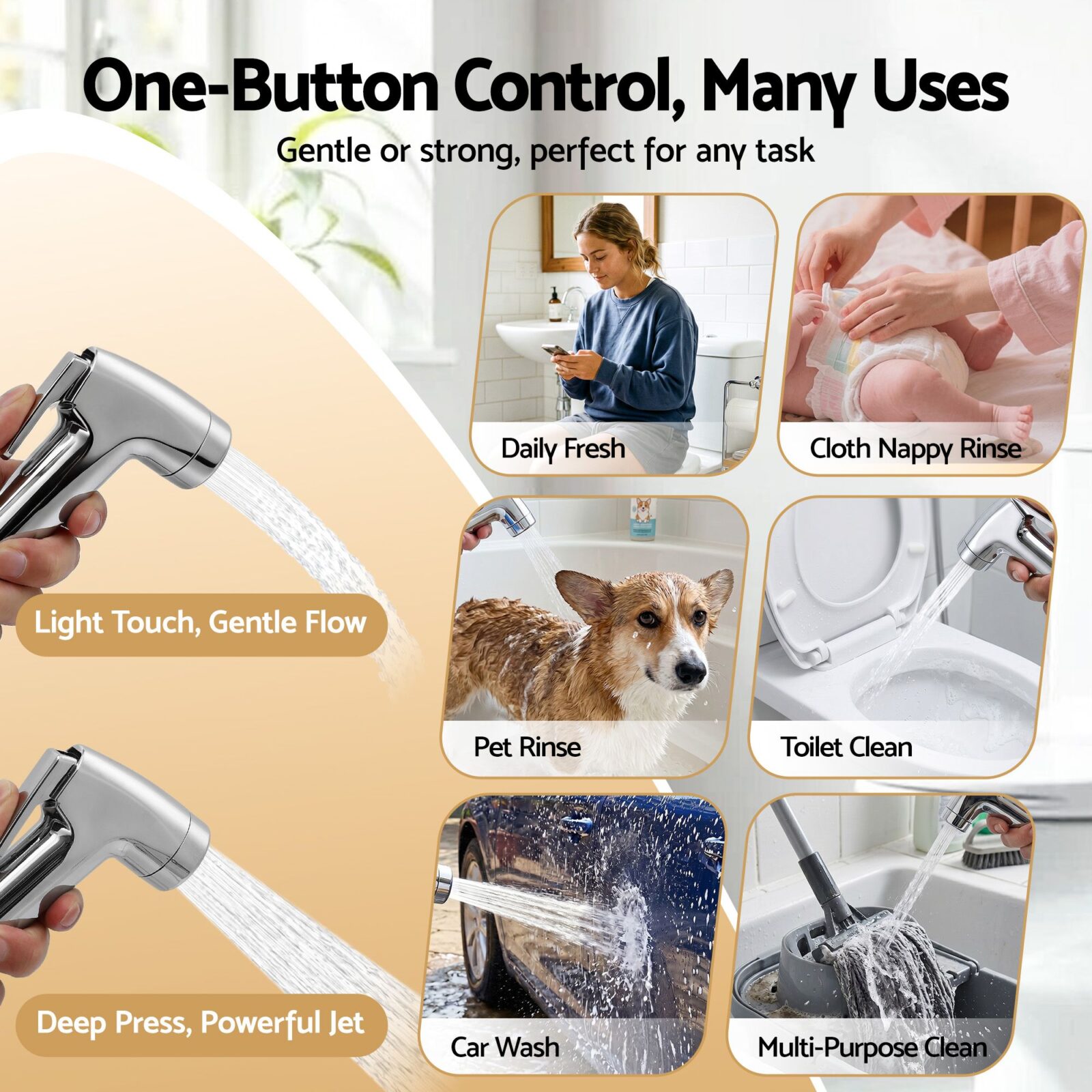 Cefito Handheld Bidet Sprayer for Toilet 1.5m Stainless Steel Hose Jet Spray for Feminine Wash Cloth Diaper Pet Bath Adjustable Pressure Bidet Attachment with G1/2 Valve Silver - product image 6